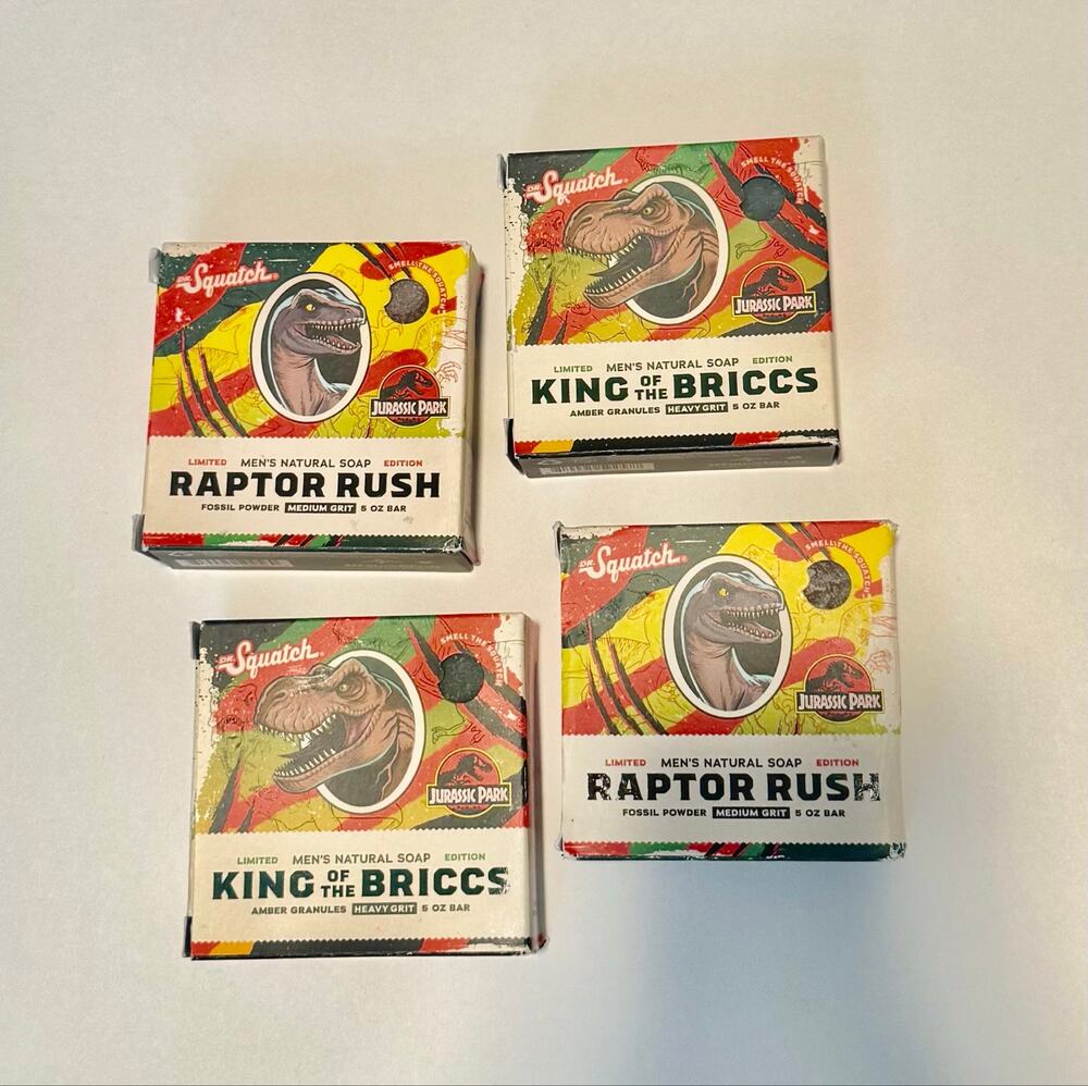Dr. Squatch Jurassic Park Soap Lot-2 King of the Briccs/2 Raptor Rush-4 Bar Lot